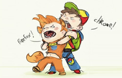 A drawing of two children representing the Firefox and Chrome browsers fighting.
